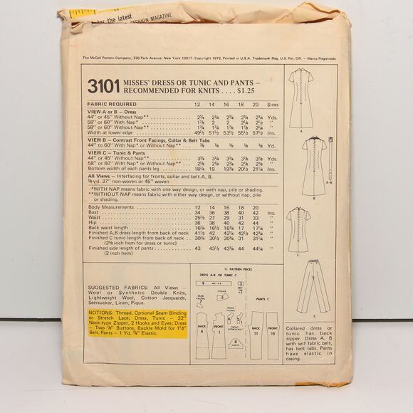 Vintage 70s Dress or Tunic & Pants McCall's Pattern 3101 Size 16 - Picture 2 of 2